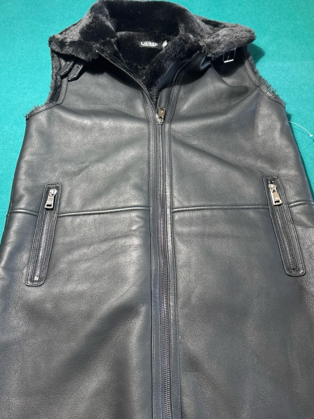 Lauren Ralph Lauren Black Faux Leather Shearling Fur Lined Vest ,XS , $88